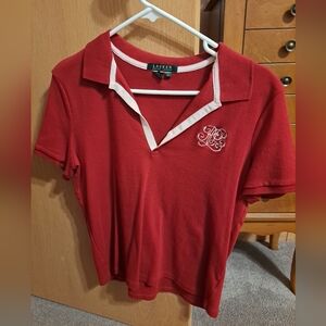 Ralph Lauren Red Polo WhiteV-Neck Shirt - Embroidered White Logo - Size Womens L